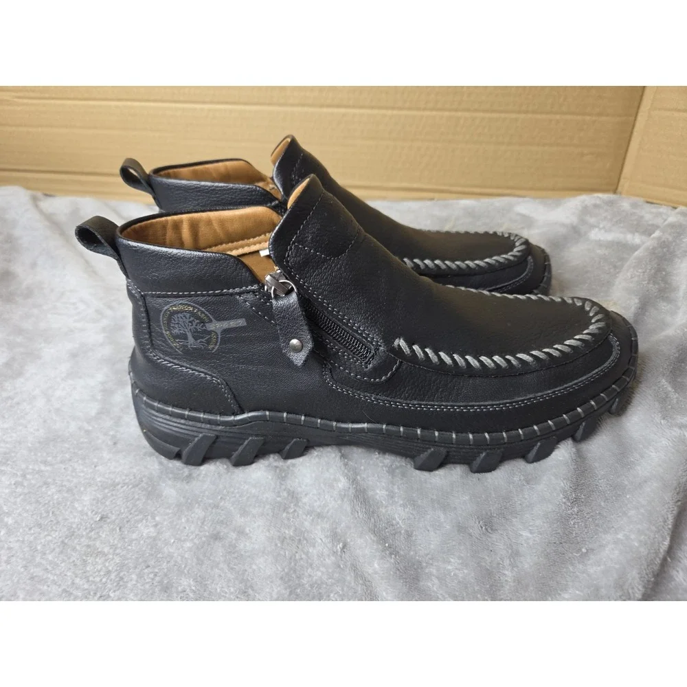 Leather Ankle Boots Moc Toe Side Zip Shoes Size 9.5 Black Driving Walking Comfy